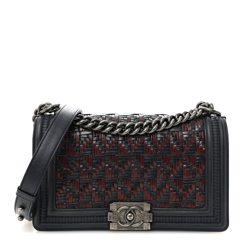 Chanel Calfskin Woven Medium Boy Flap Blue Burgundy
