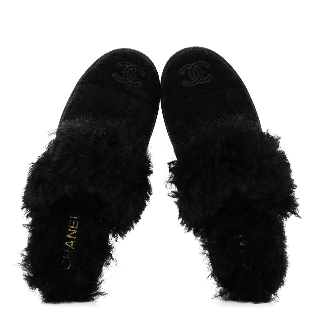 Chanel Suede Shearling CC Cap Toe Mules 36 Black