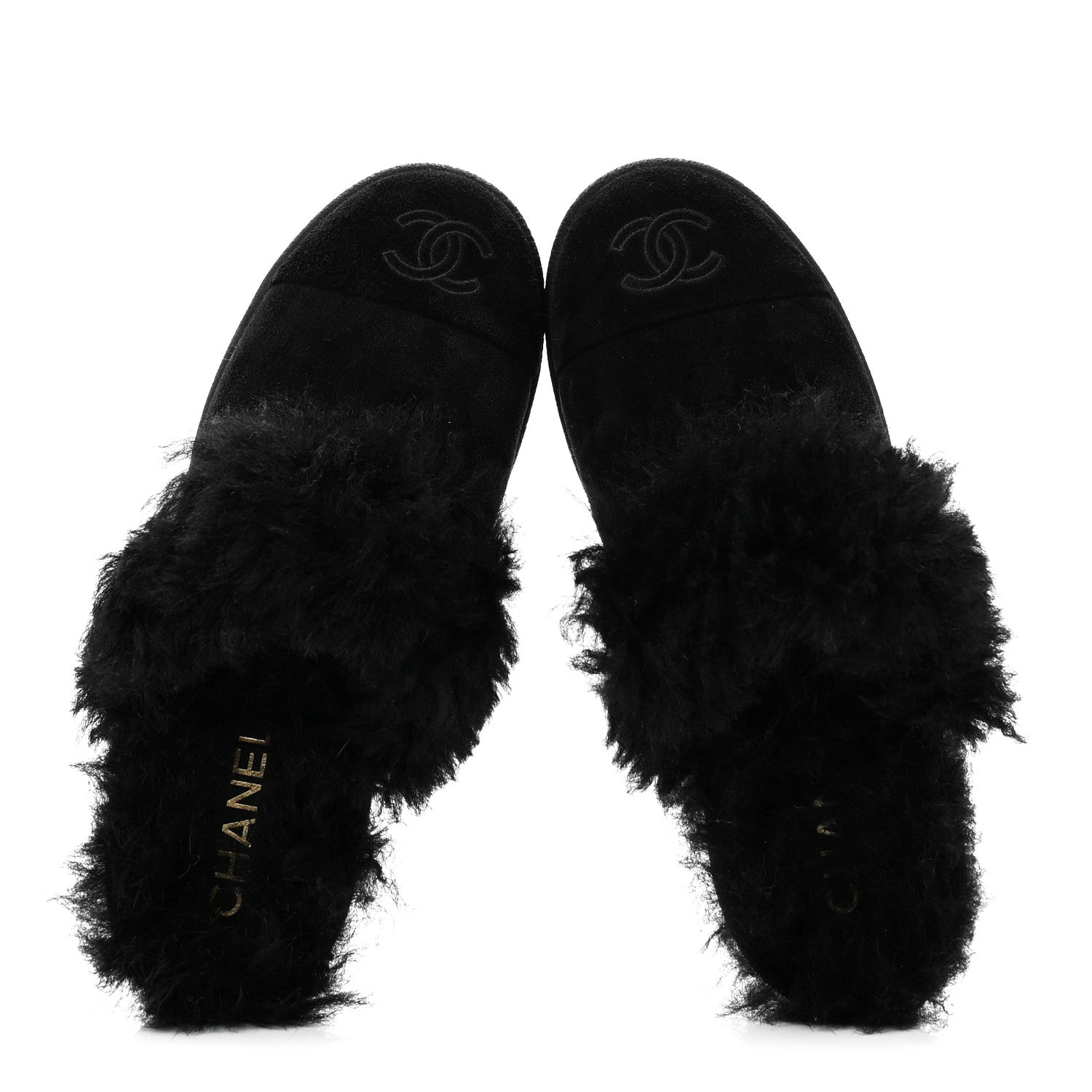 Chanel Suede Shearling CC Cap Toe Mules 36 Black