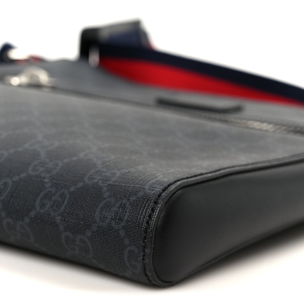 Gucci GG Supreme Monogram Appia Calfskin Web Flat Messenger Bag Black Grey