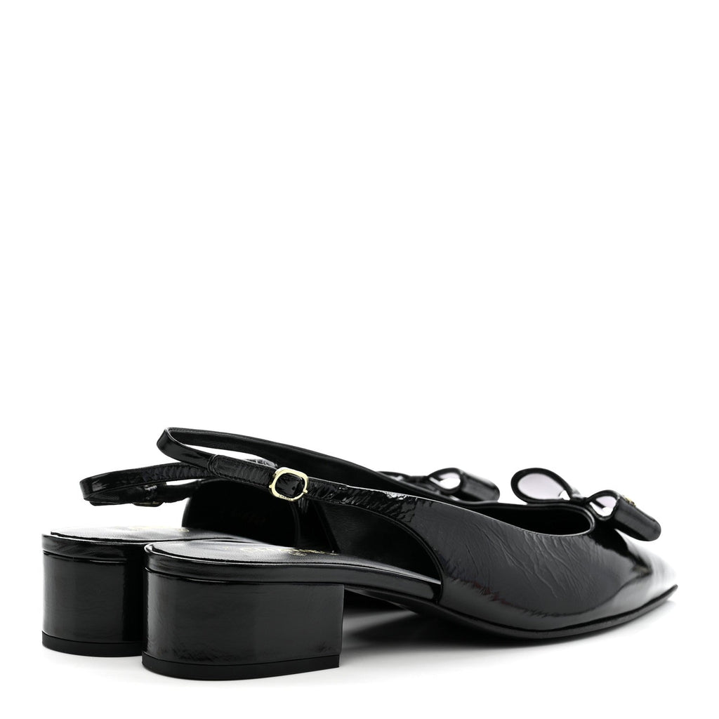 Crumpled Patent Calfskin CC Bow Slingback Pumps 38.5 Black