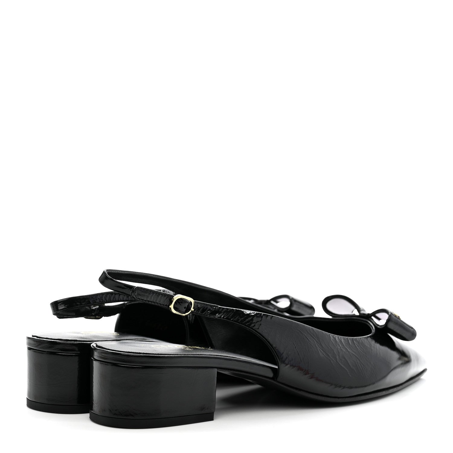 Crumpled Patent Calfskin CC Bow Slingback Pumps 38.5 Black
