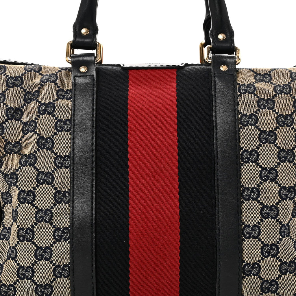 Gucci Monogram Selleria Calfskin Vintage Web Medium Boston Beige Blue