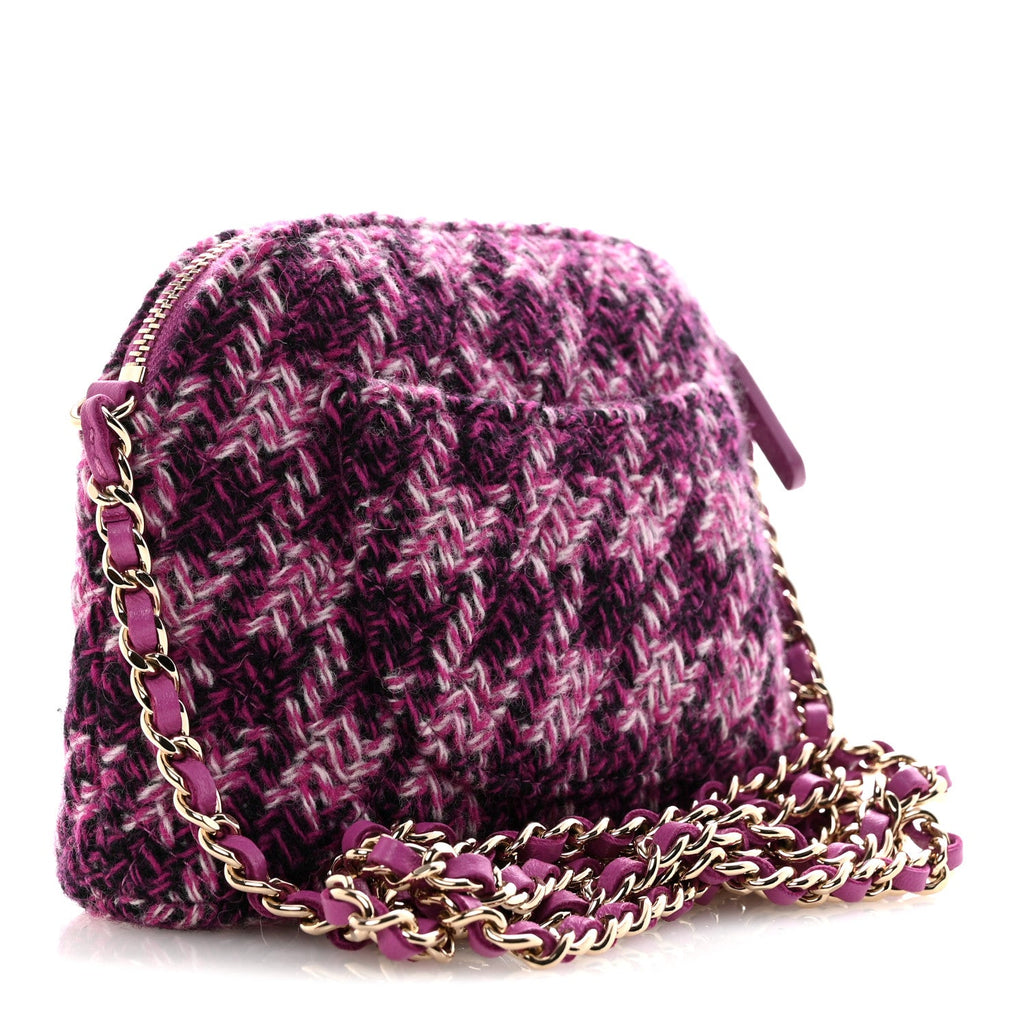 Chanel Tweed Quilted Mini Clutch With Chain Purple