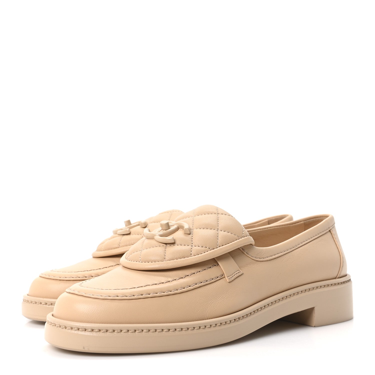 Lambskin Quilted CC Turnlock Loafers 37.5 Beige