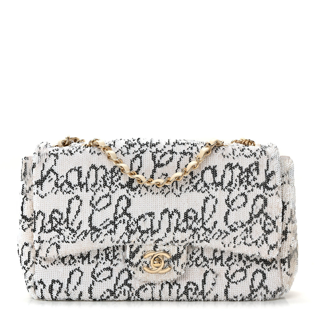 Chanel Sequin Logo Medium Flap White Black