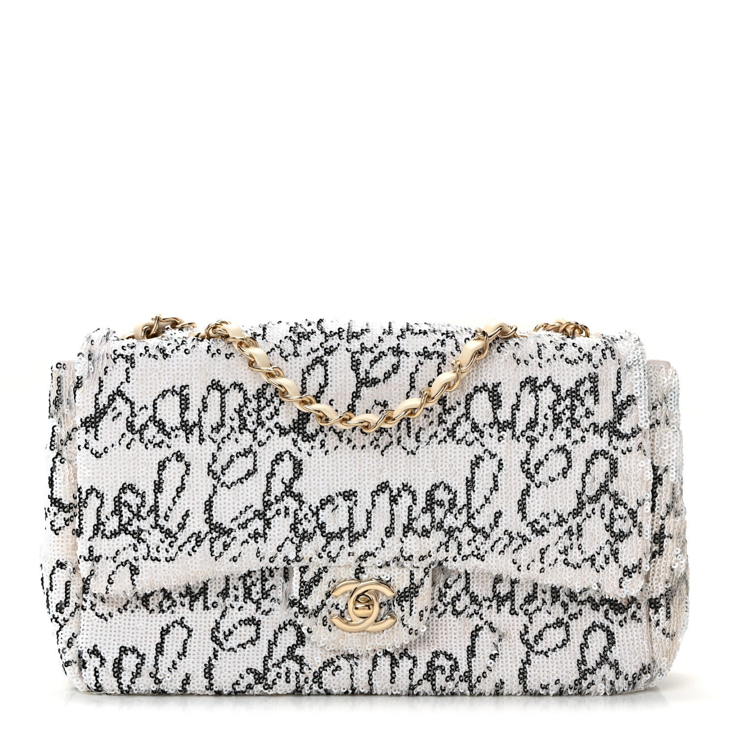 Chanel Sequin Logo Medium Flap White Black