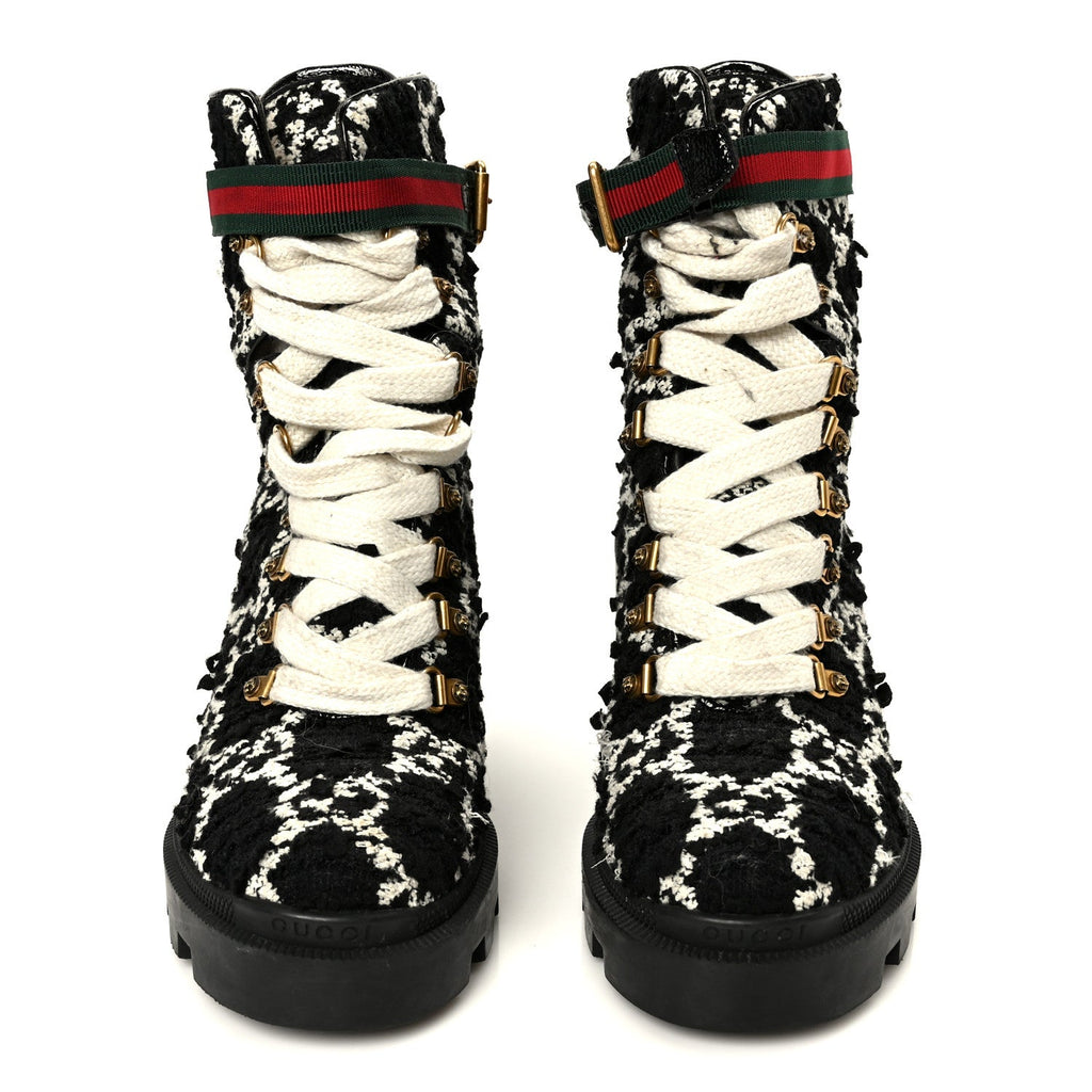Gucci Tweed GG Monogram Lace Up Combat Ankle Boots 38 Black