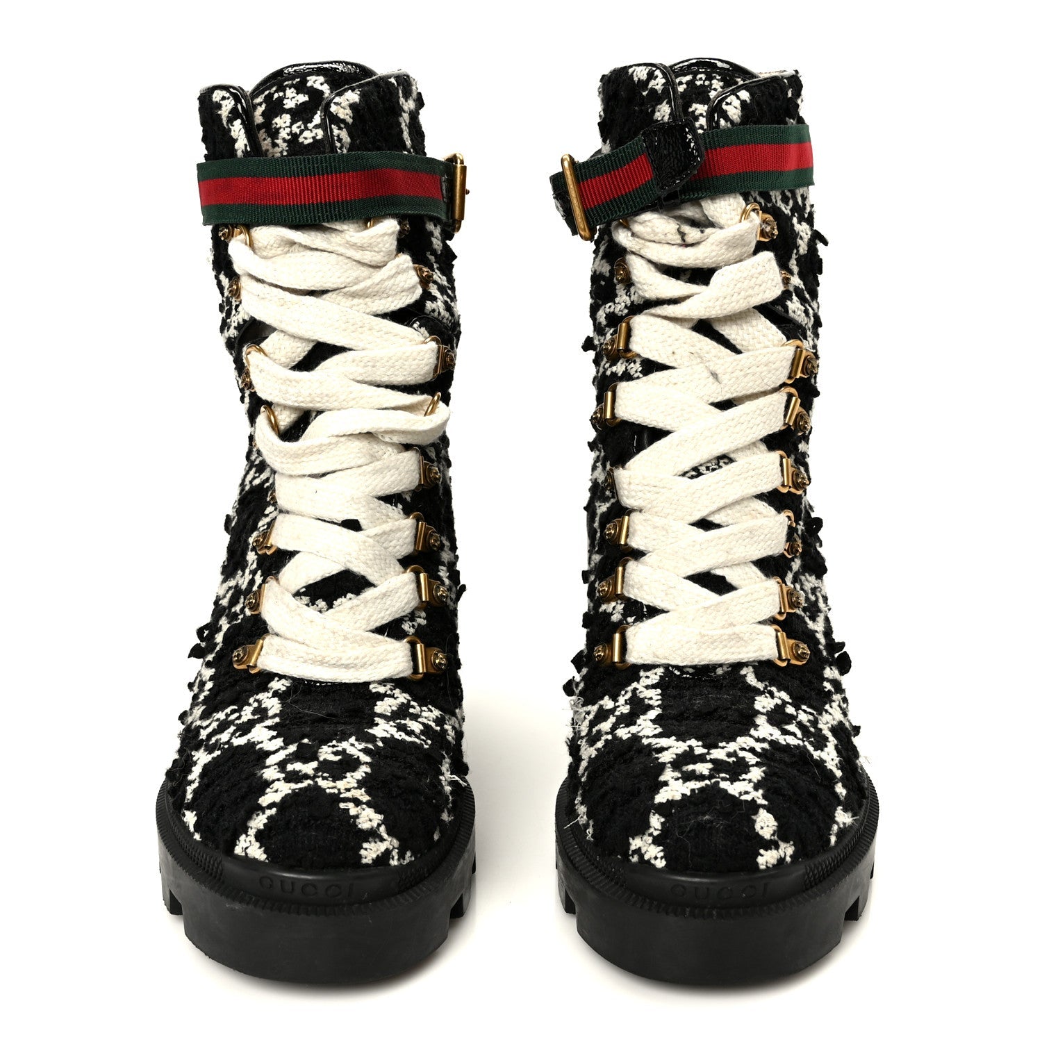 Gucci Tweed GG Monogram Lace Up Combat Ankle Boots 38 Black