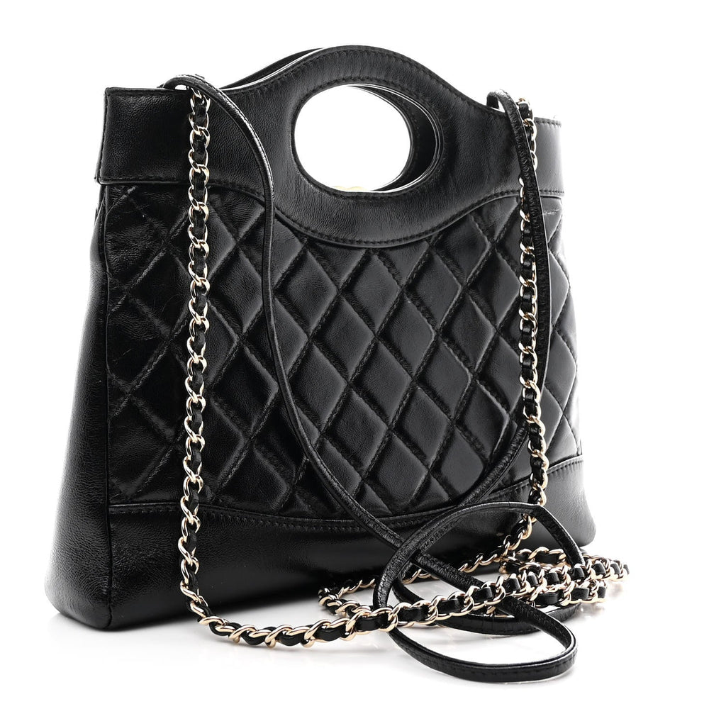 Chanel Shiny Crumpled Calfskin Quilted Mini 31 Shopping Bag Black