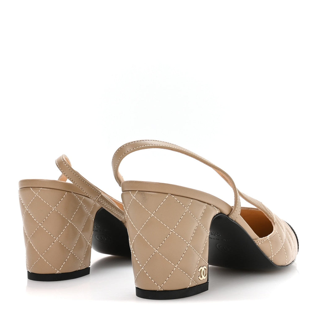 Lambskin Patent Calfskin Quilted Cap Toe CC Slingback Pumps 39.5 Beige Black