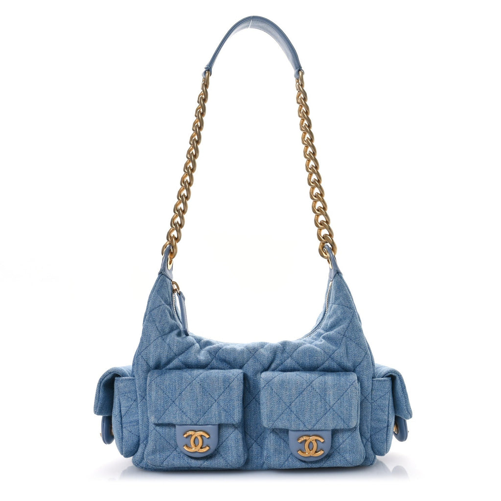 Chanel Washed Denim Quilted Cargo Large Hobo Light Blue