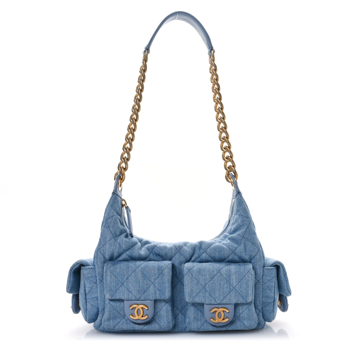 Chanel Washed Denim Quilted Cargo Large Hobo Light Blue