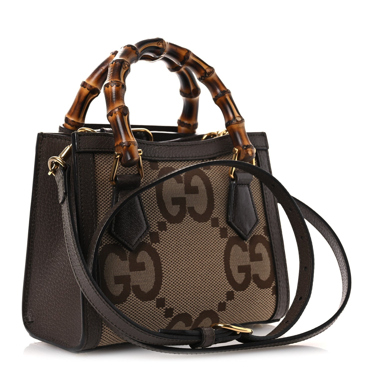 Gucci Monogram Jumbo GG Textured Dollar Calfskin Mini Diana Tote Bag Camel Ebony New Acero