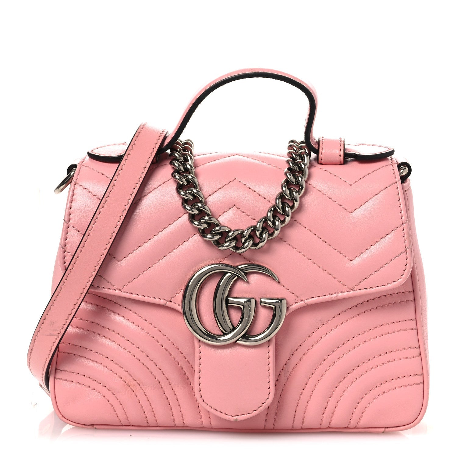 Gucci Calfskin Matelasse Mini GG Marmont Top Handle Shoulder Bag Wild Rose