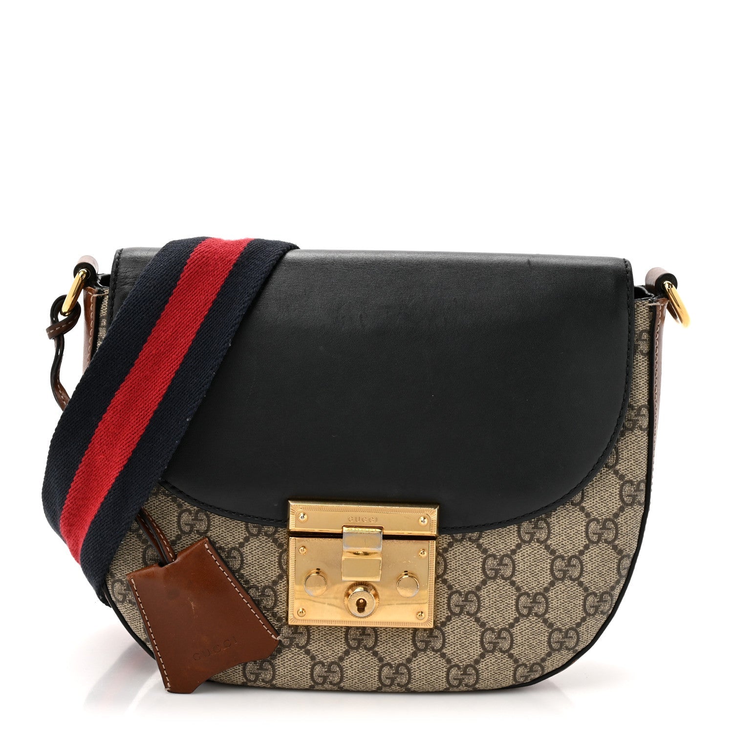 Gucci GG Supreme Monogram Web Medium Padlock Messenger Shoulder Bag Black
