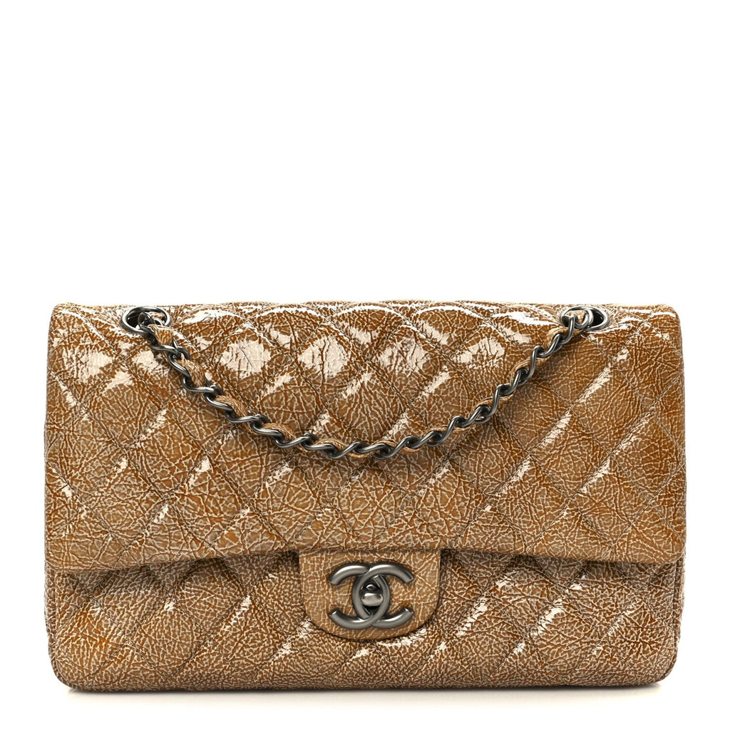 Chanel Crinkled Patent Quilted Medium Double Flap Beige
