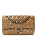 Chanel Crinkled Patent Quilted Medium Double Flap Beige