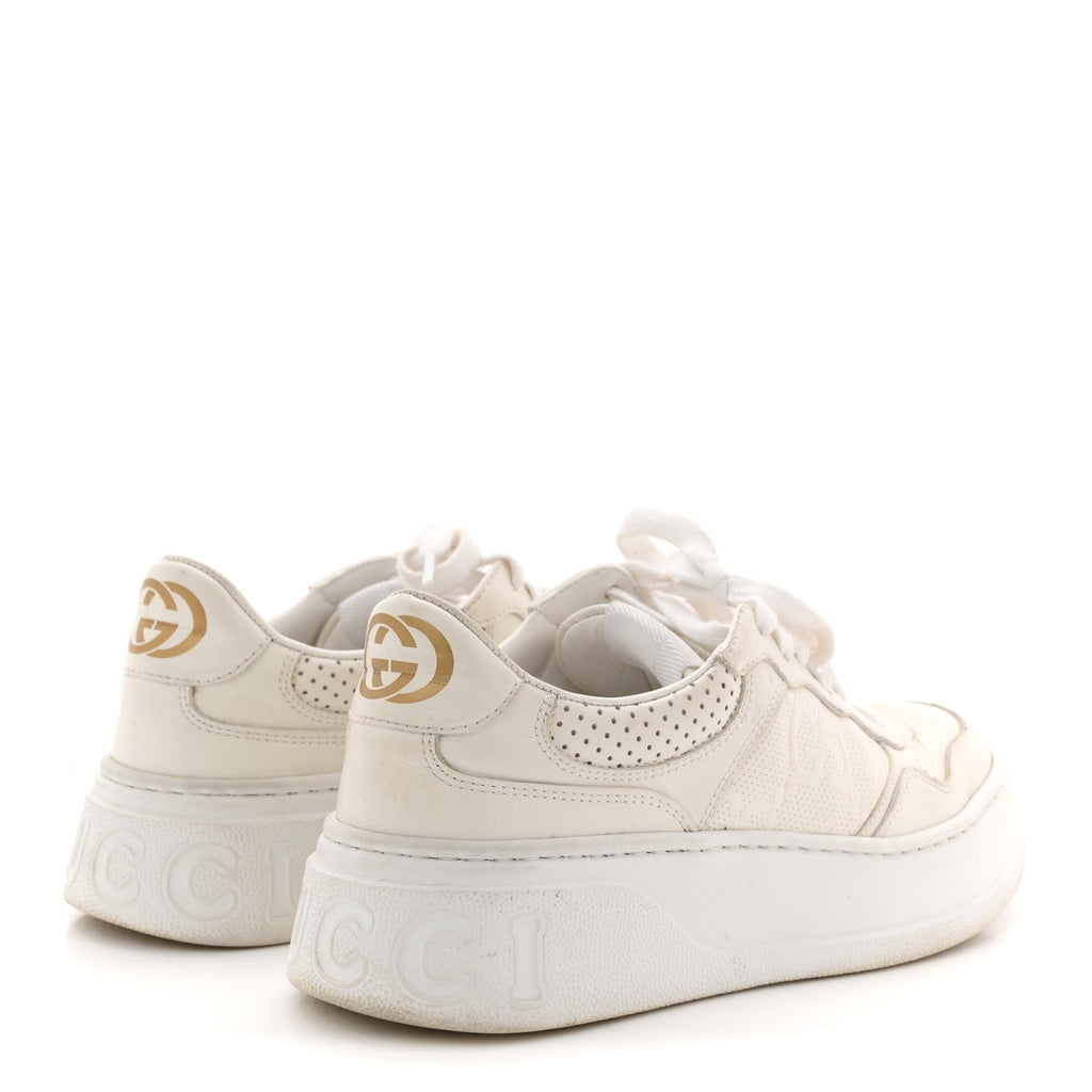 Gucci Calfskin GG Tennis Embossed Perforated Womens Platform 55mm Sneakers 37 Great White