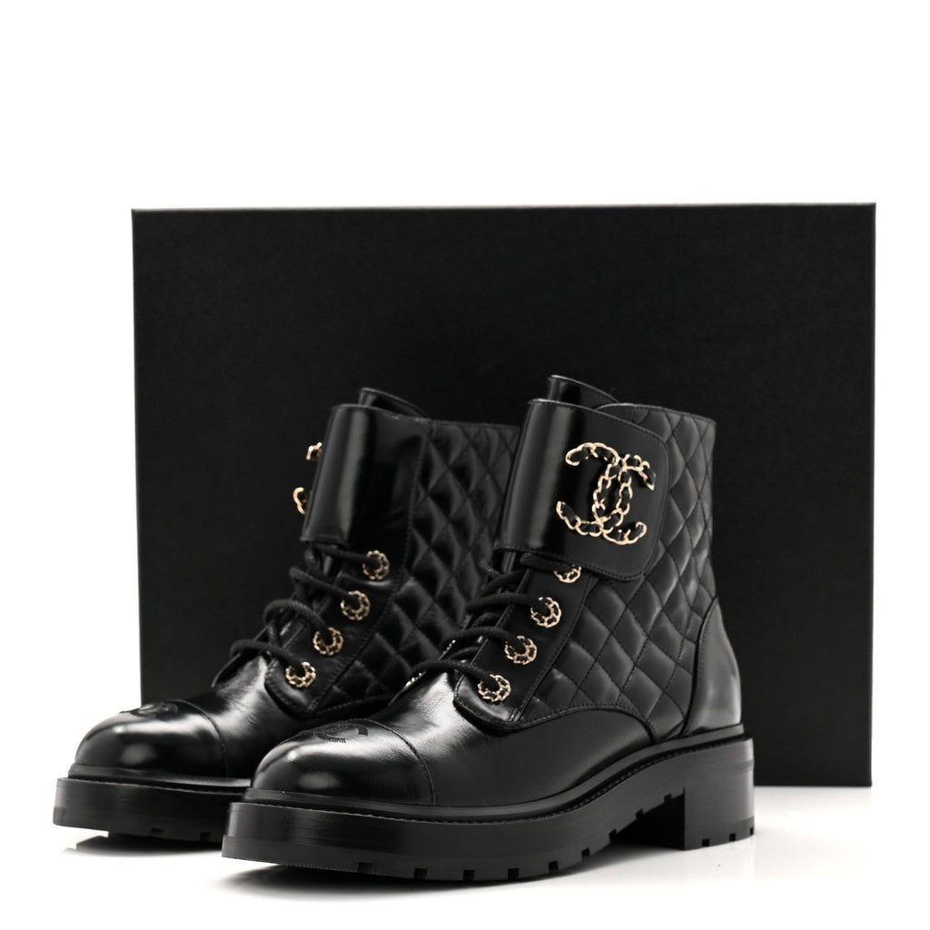 Chanel Shiny Calfskin Quilted Lace Up Combat Boots 39 Black