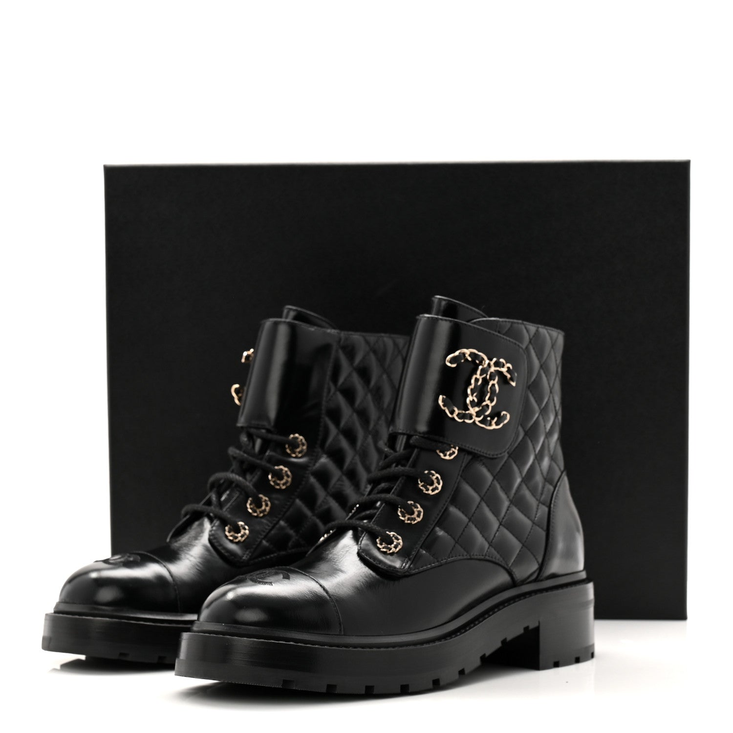 Chanel Shiny Calfskin Quilted Lace Up Combat Boots 39 Black