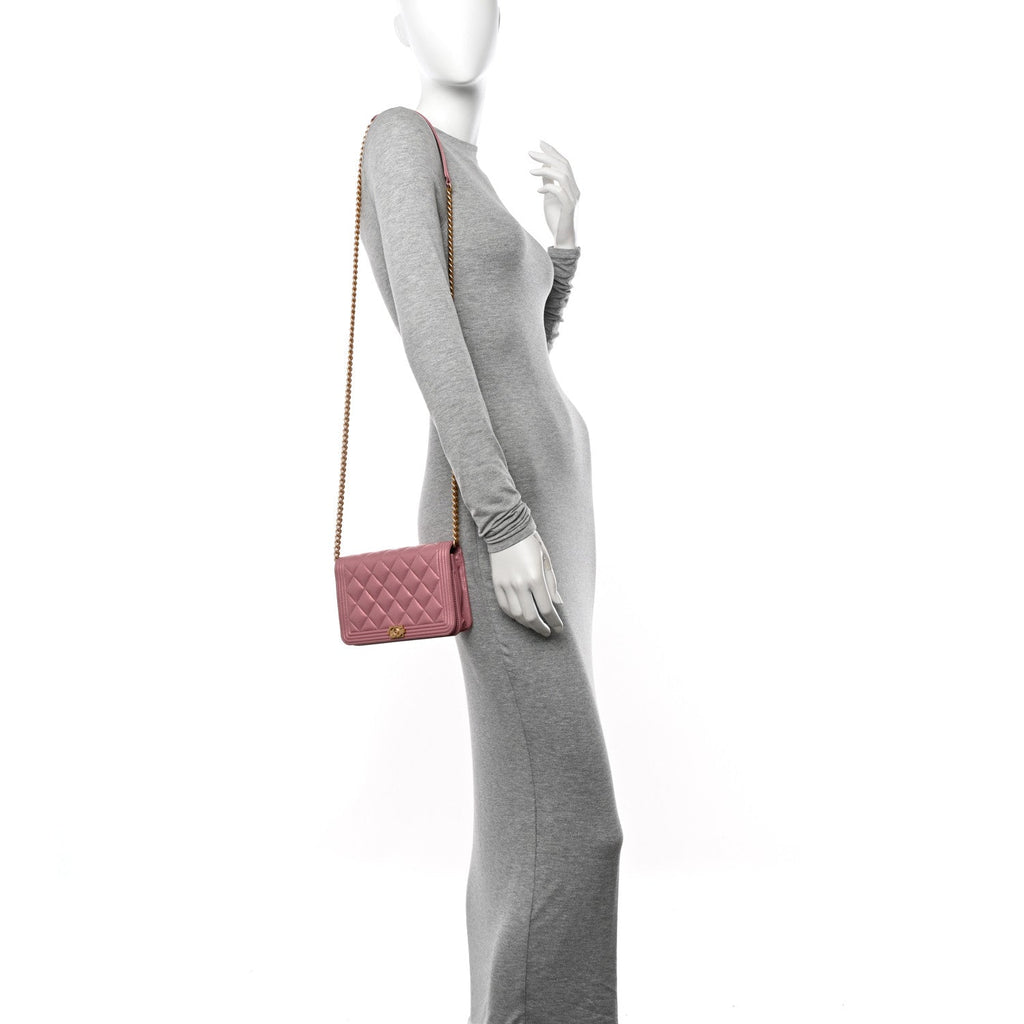 Chanel Metallic Lambskin Quilted Boy Wallet On Chain WOC Pink