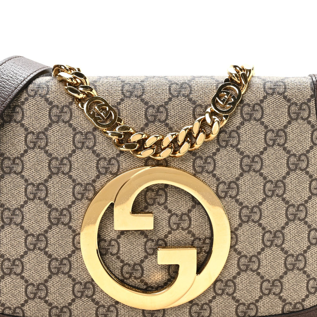 Gucci GG Supreme Monogram Textured Dollar Calfskin Blondie Chain Shoulder Flap Bag Beige Ebony New Acero