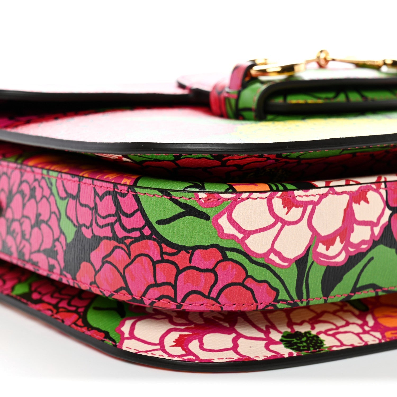 Gucci X KEN SCOTT New Shangai Calfskin Pomponica Print Horsebit 1955 Shoulder Bag  Multicolor Fuxia Pompon