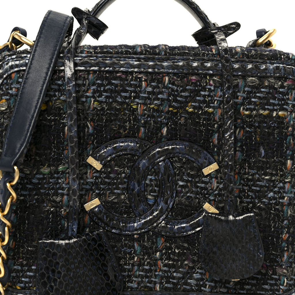 Chanel Tweed Snakeskin Quilted Medium CC Filigree Vanity Case Dark Navy