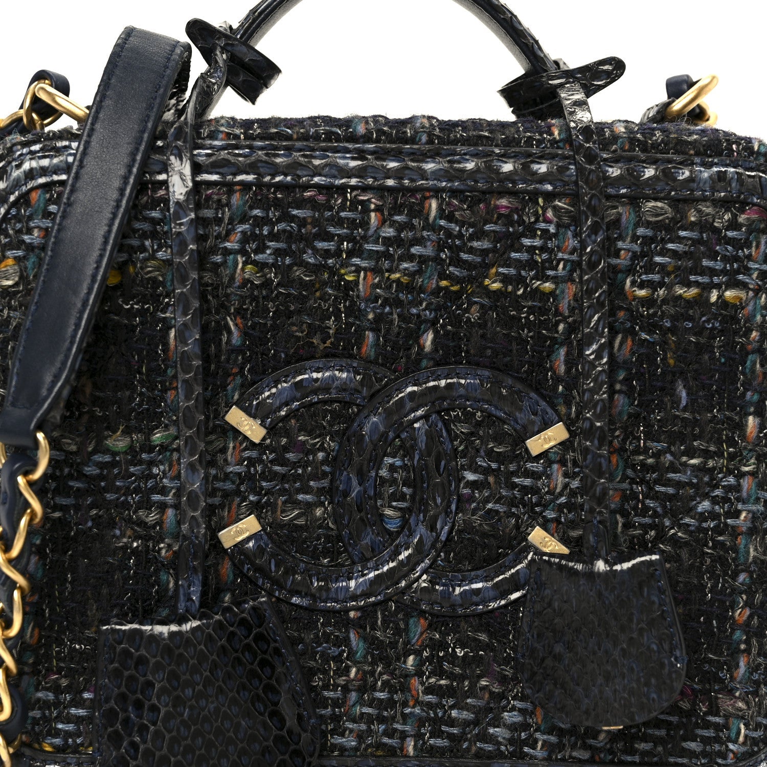 Chanel Tweed Snakeskin Quilted Medium CC Filigree Vanity Case Dark Navy