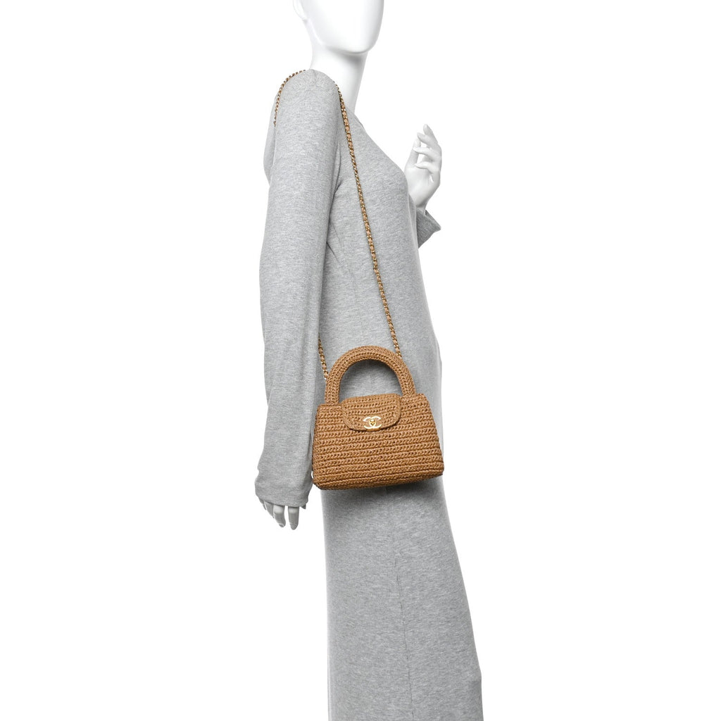 Chanel Braided Raffia Nano Kelly Flap Bag Dark Beige