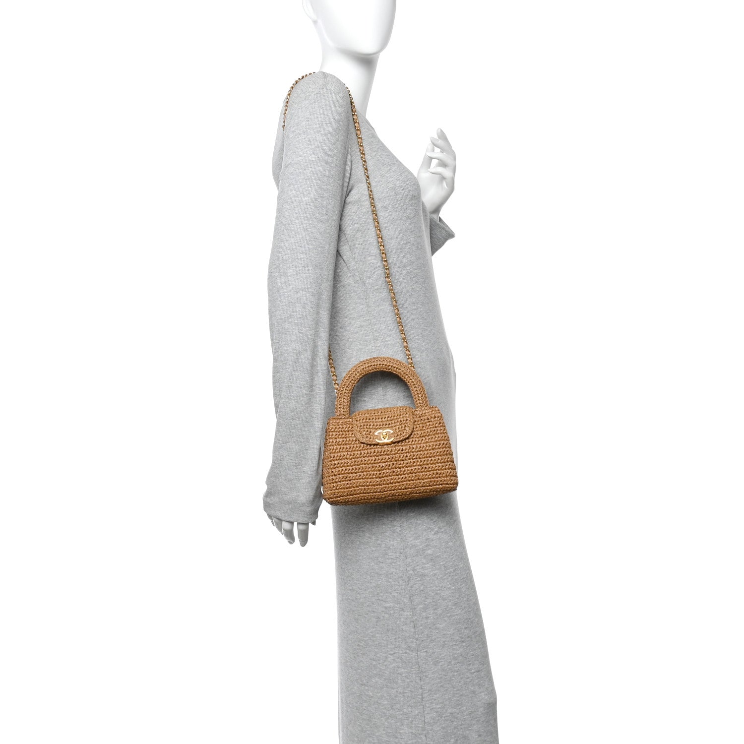 Chanel Braided Raffia Nano Kelly Flap Bag Dark Beige
