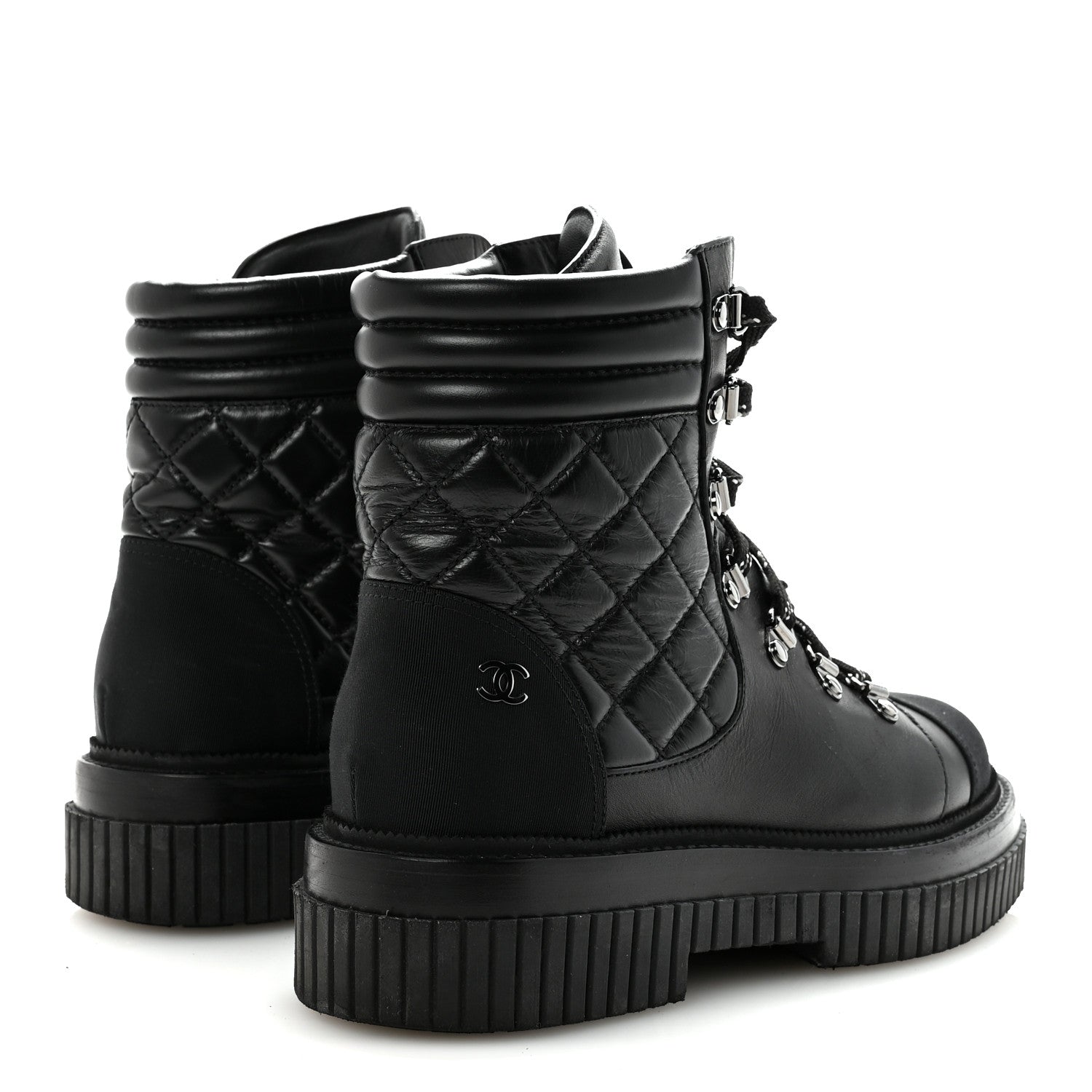 Calfskin Grosgrain Quilted Lace Up Boots 38.5 Black Grey