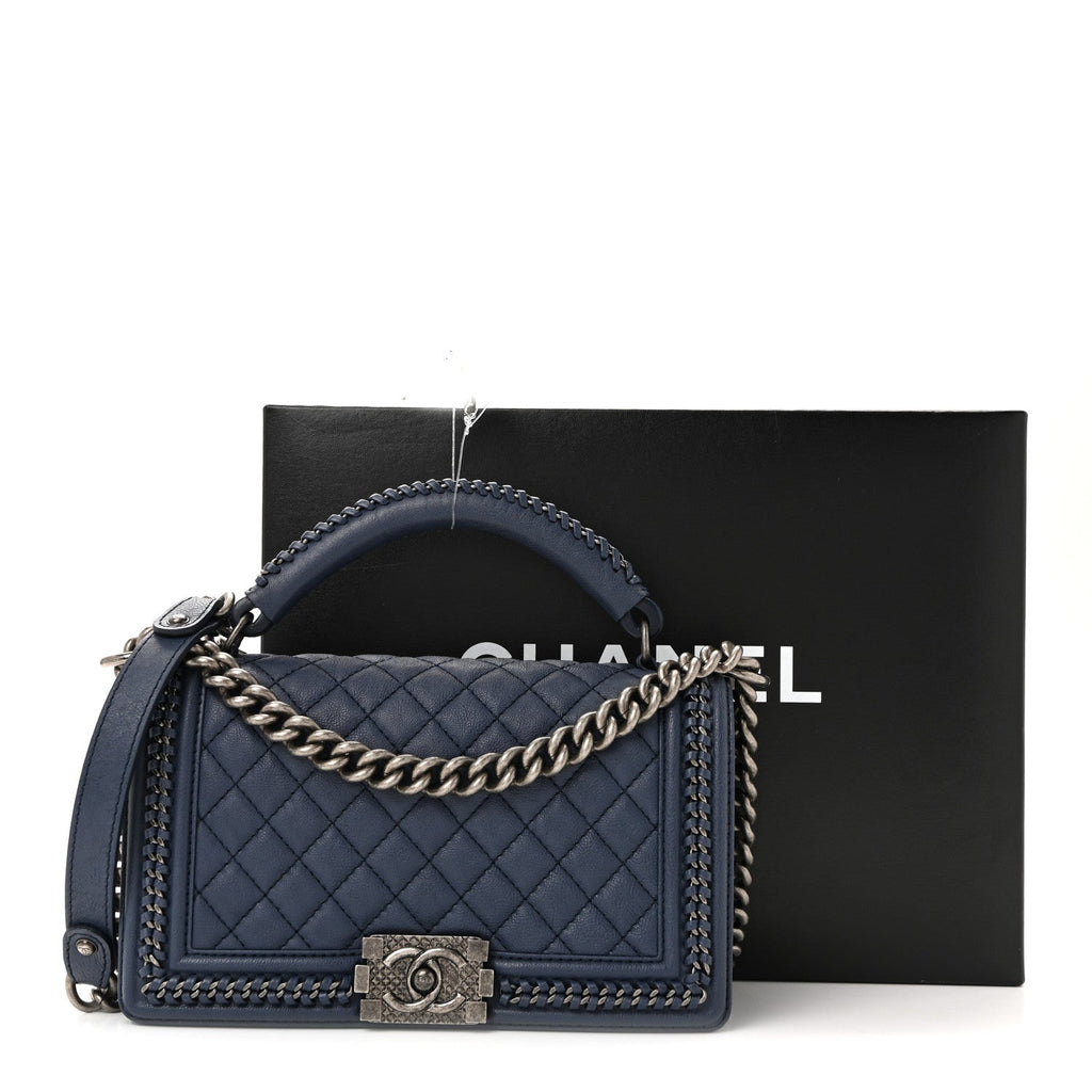 Chanel Lambskin Quilted Medium Top Handle Boy Flap Blue