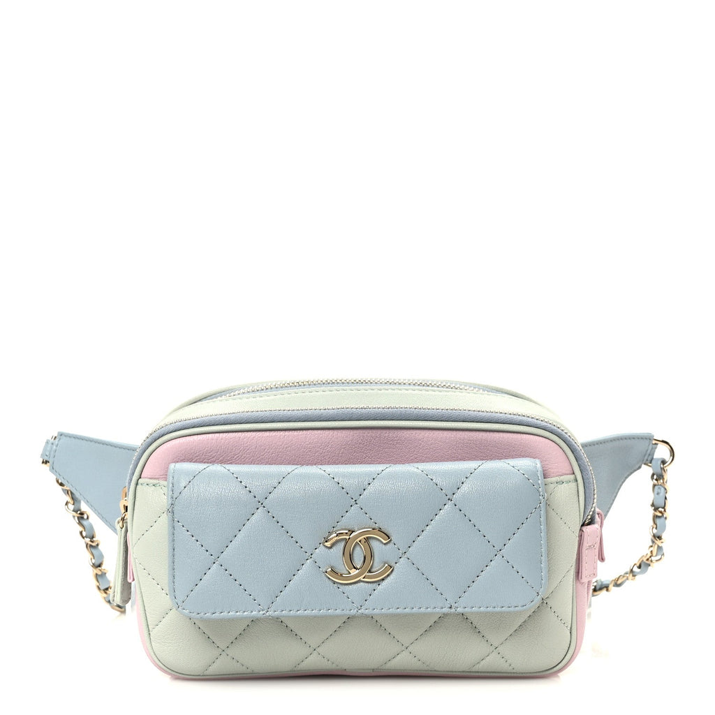 Chanel Goatskin Quilted Tri-Color In & Out Waist Bag Green Blue Pink