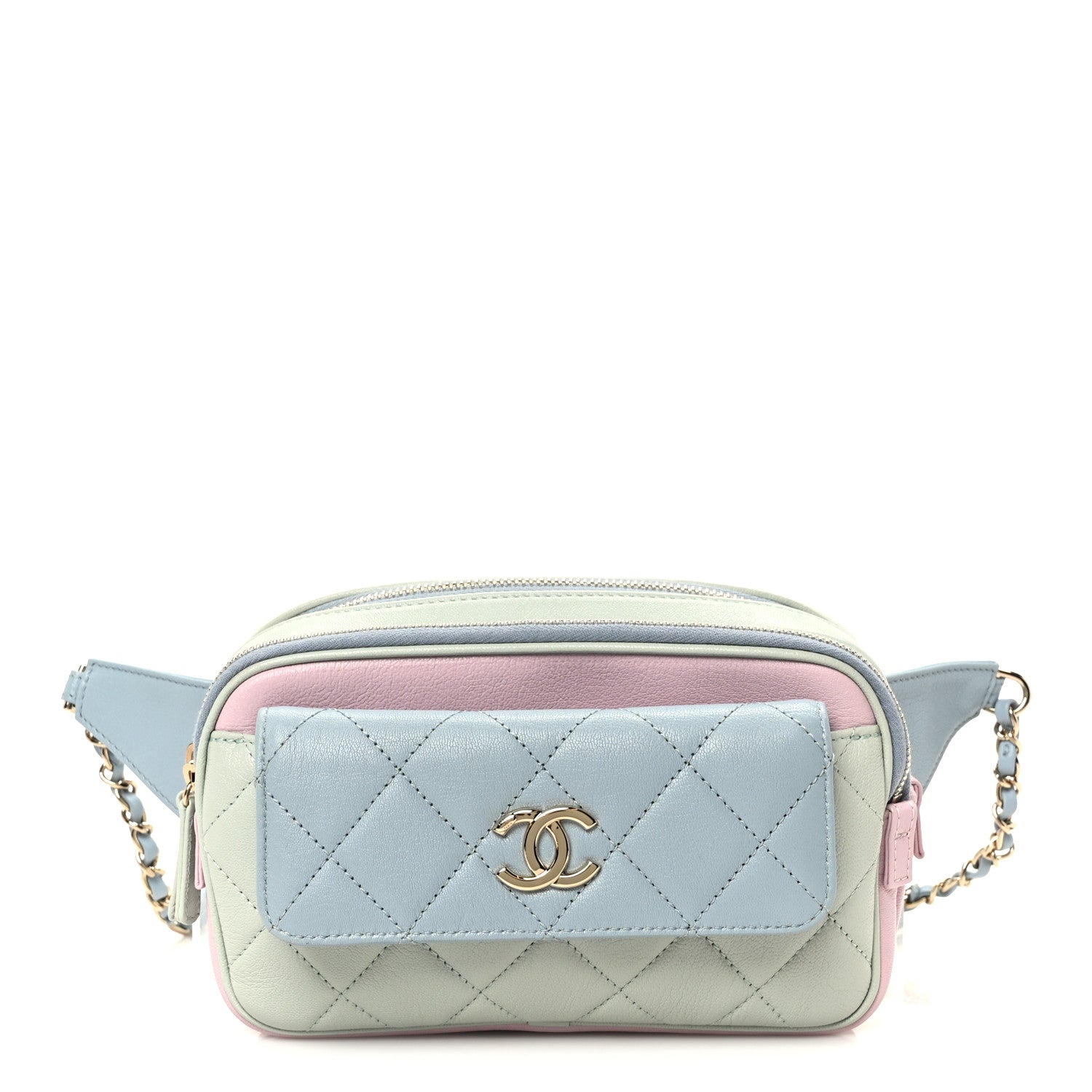 Chanel Goatskin Quilted Tri-Color In & Out Waist Bag Green Blue Pink