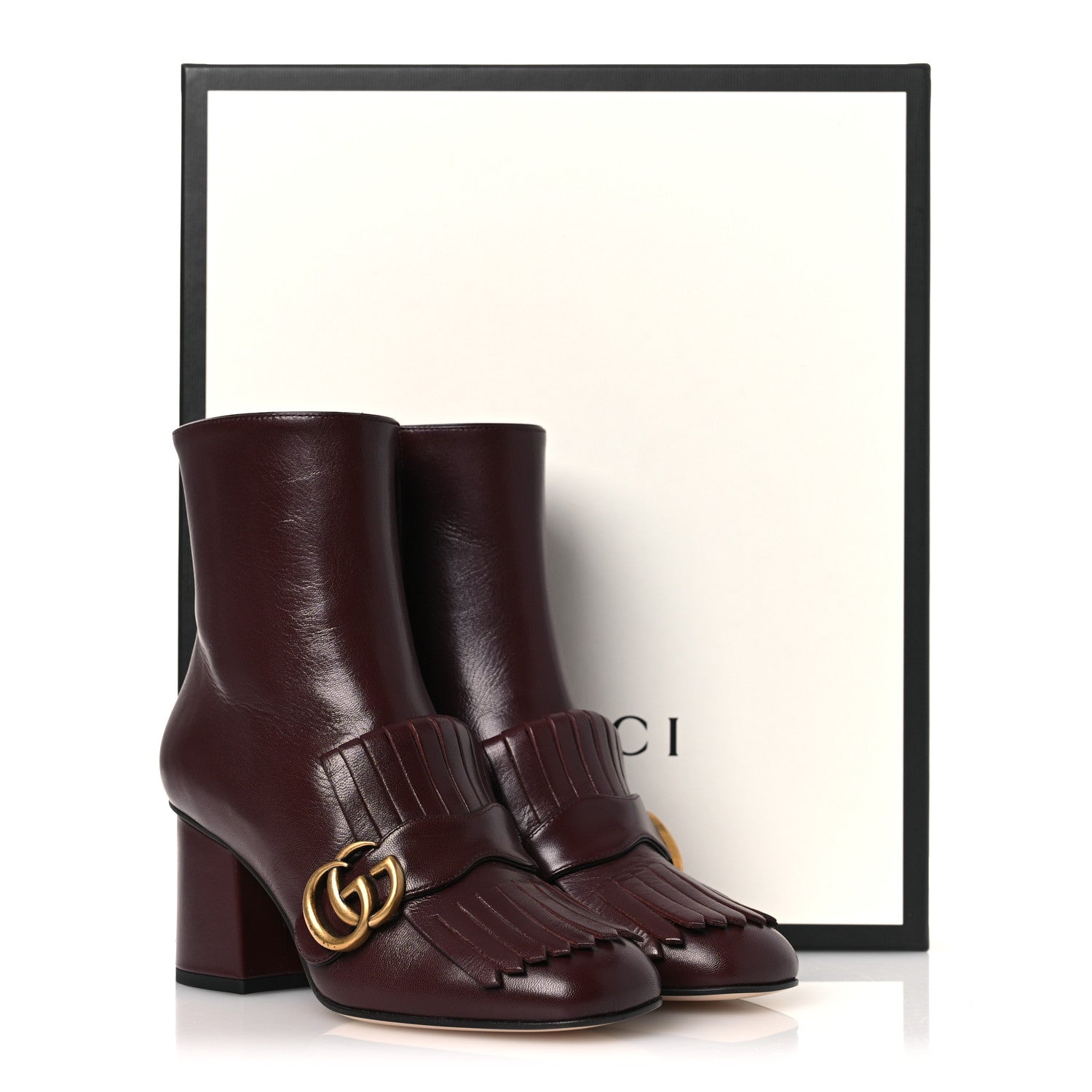 Gucci Malaga Kid GG Marmont Fringe 75mm Ankle Boots 36 Vintage Bordeaux