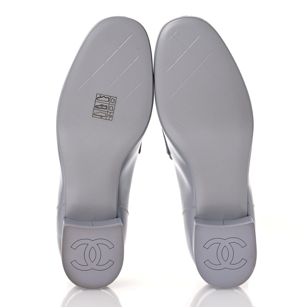 Chanel Shiny Calfskin Logo Loafers 37 Light Grey