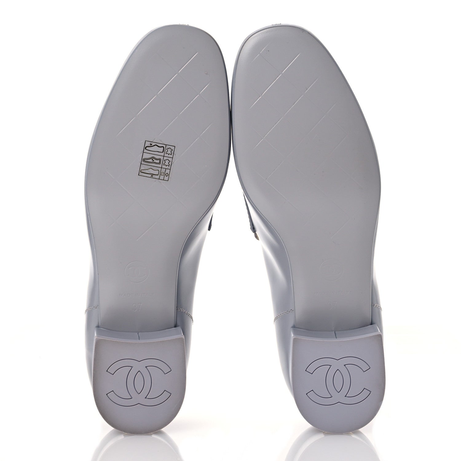 Chanel Shiny Calfskin Logo Loafers 37 Light Grey