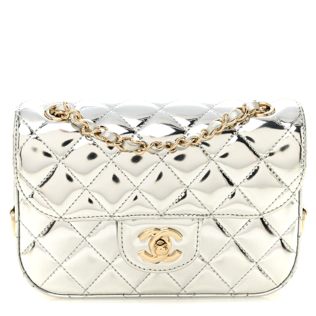 Chanel Mirror Calfskin Metallic Calfskin Quilted Hollywood Boulevard Mini Flap With Star Coin Purse Silver