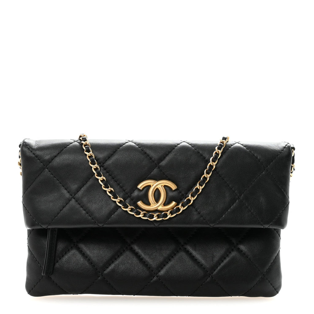 Chanel Calfskin Quilted Fold Over Clutch Black