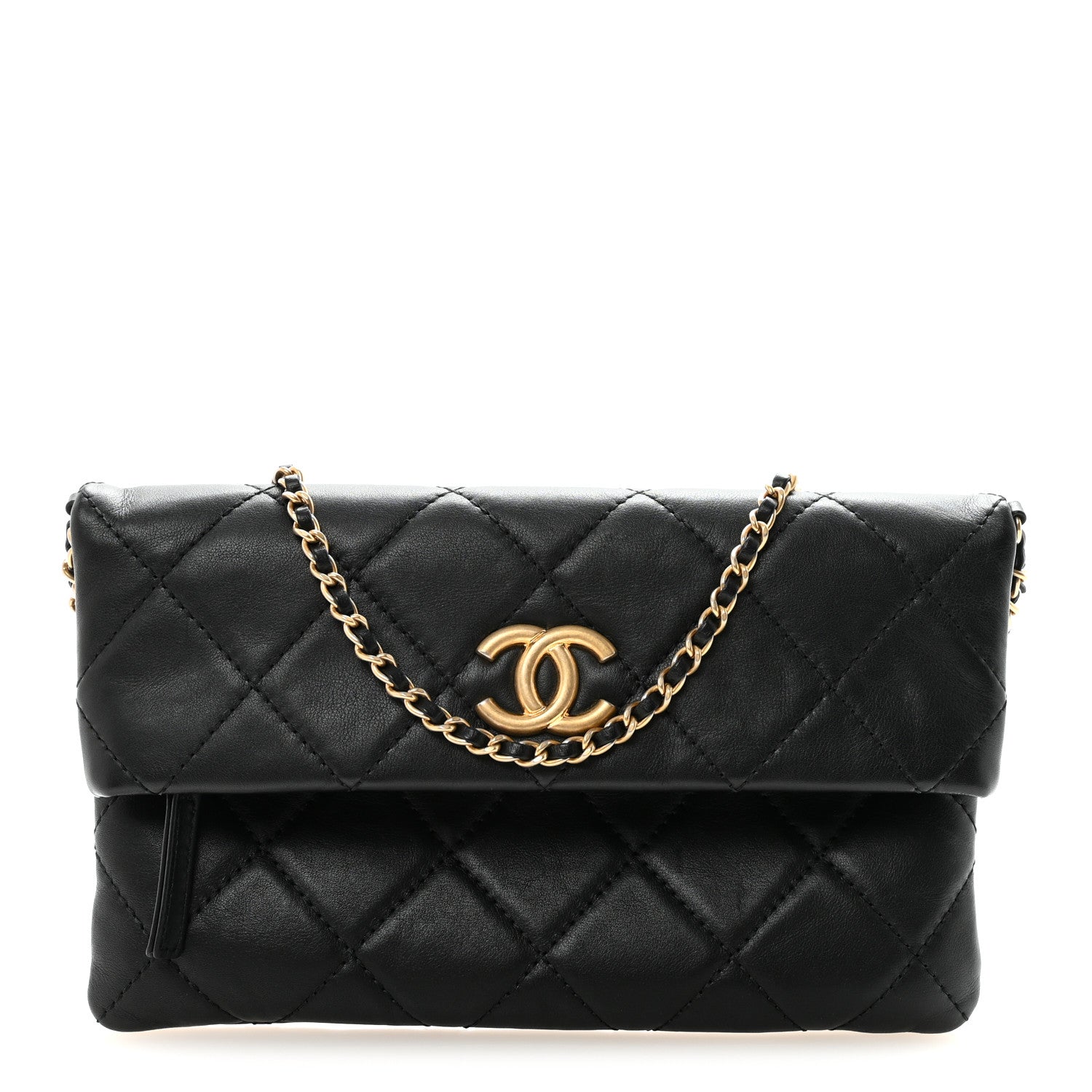 Chanel Calfskin Quilted Fold Over Clutch Black