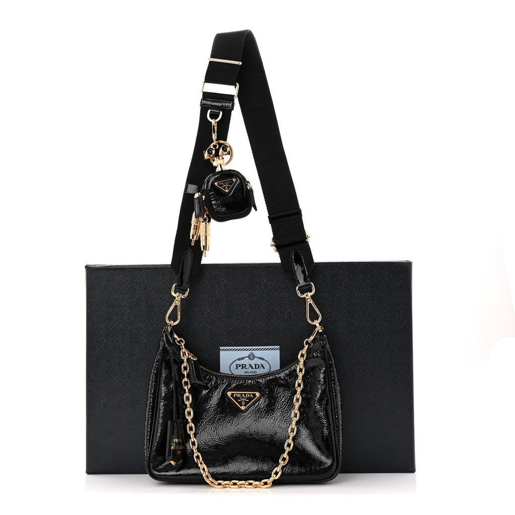 Prada Patent Naplak Re-Edition 2005 Shoulder Bag With Charm Black