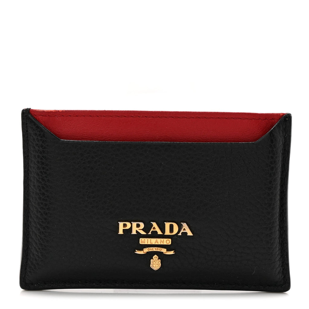 Prada Vitello Grain Metal Card Holder Black Fuoco