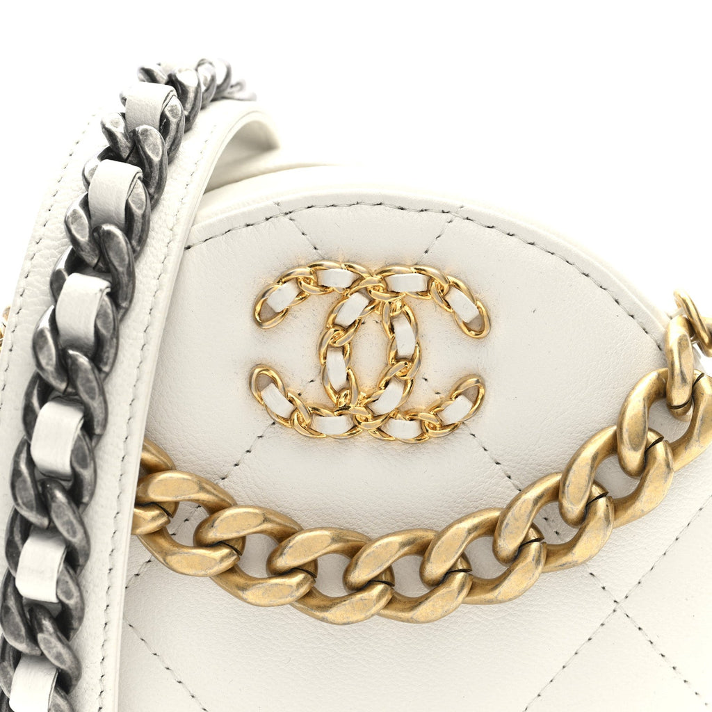 Chanel Shiny Goatskin Quilted Chanel 19 Round Clutch With Chain White
