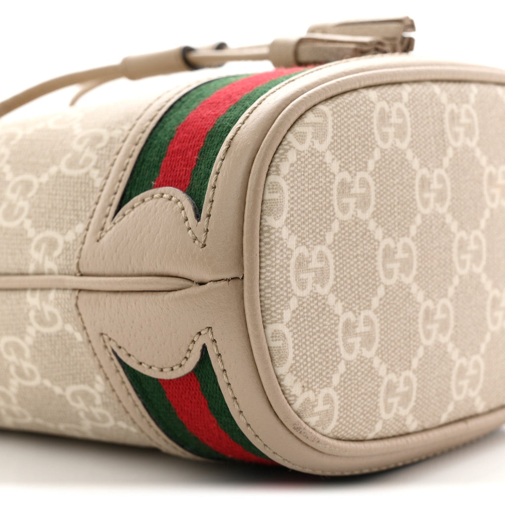 Gucci GG Supreme Monogram Textured Calfskin Web Mini Ophidia Bucket Bag Beige Ebony Mystic White Oatmeal