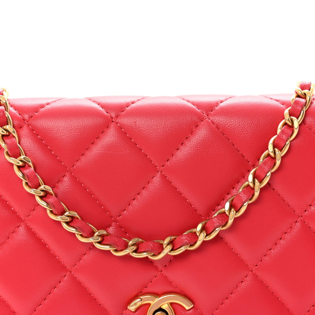 Chanel Lambskin Quilted CC Pearl Crush Wallet on Chain WOC Red