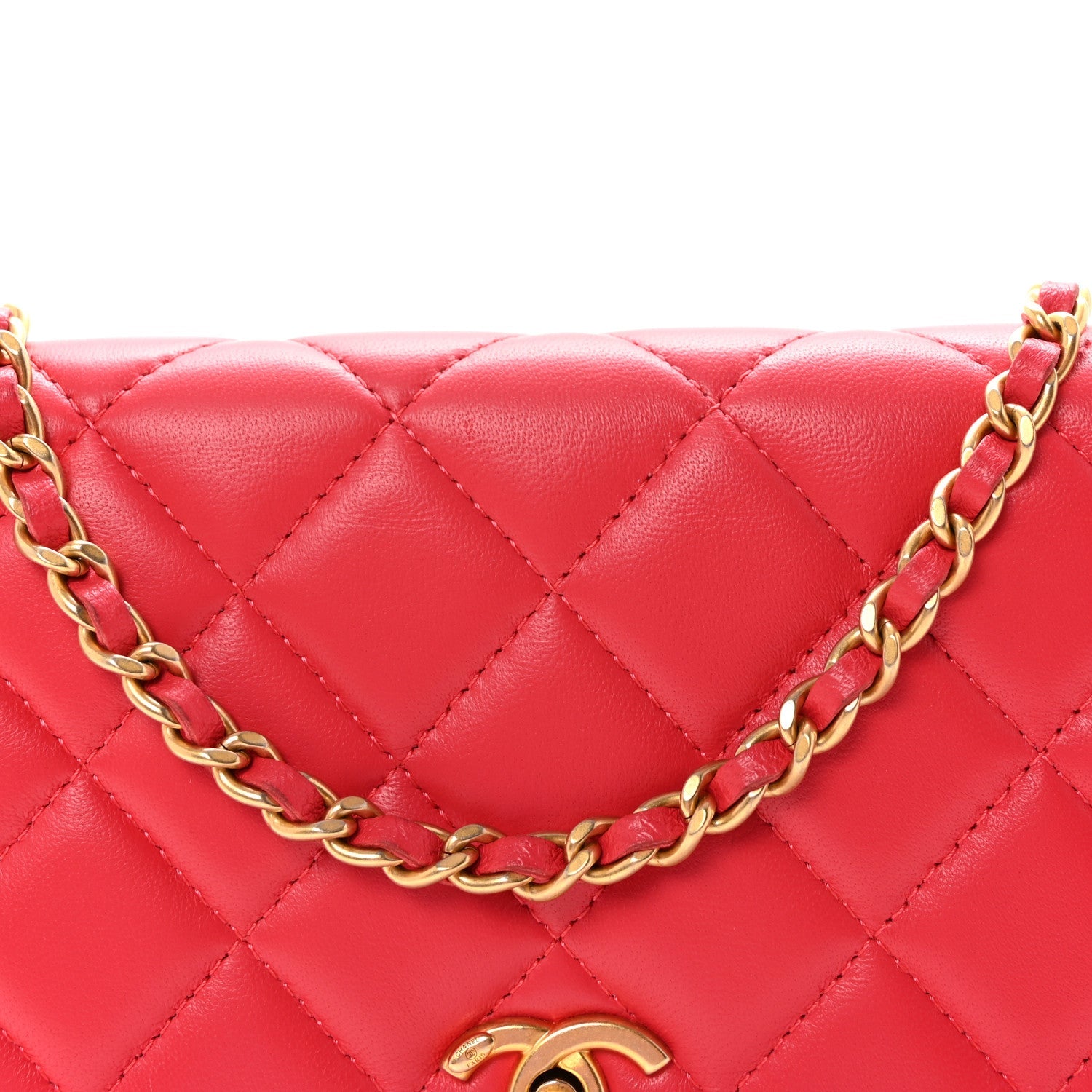 Chanel Lambskin Quilted CC Pearl Crush Wallet on Chain WOC Red