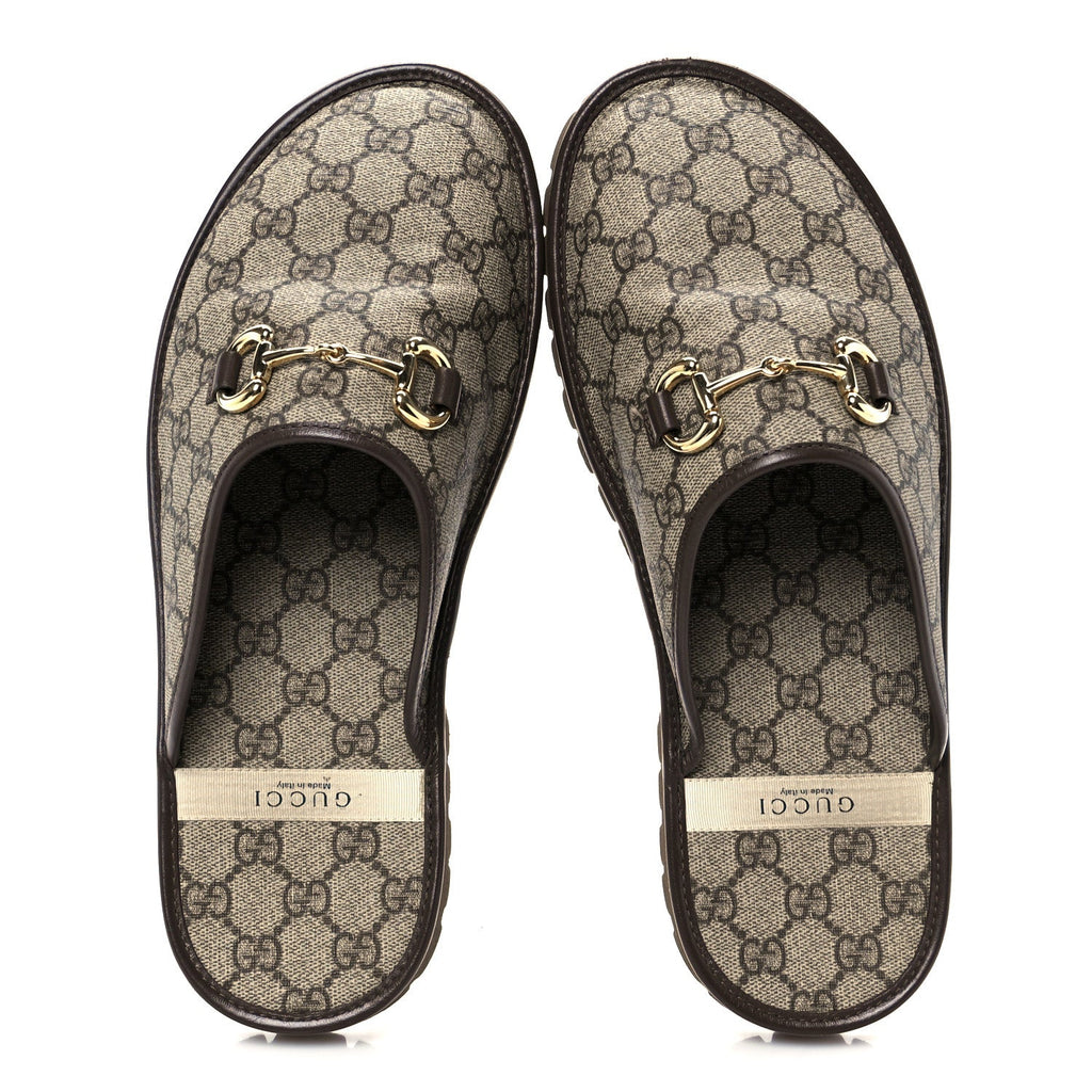 Gucci GG Supreme Monogram Miro Soft Calfskin Men's Horsebit Slippers 10 Beige Ebony New Acero