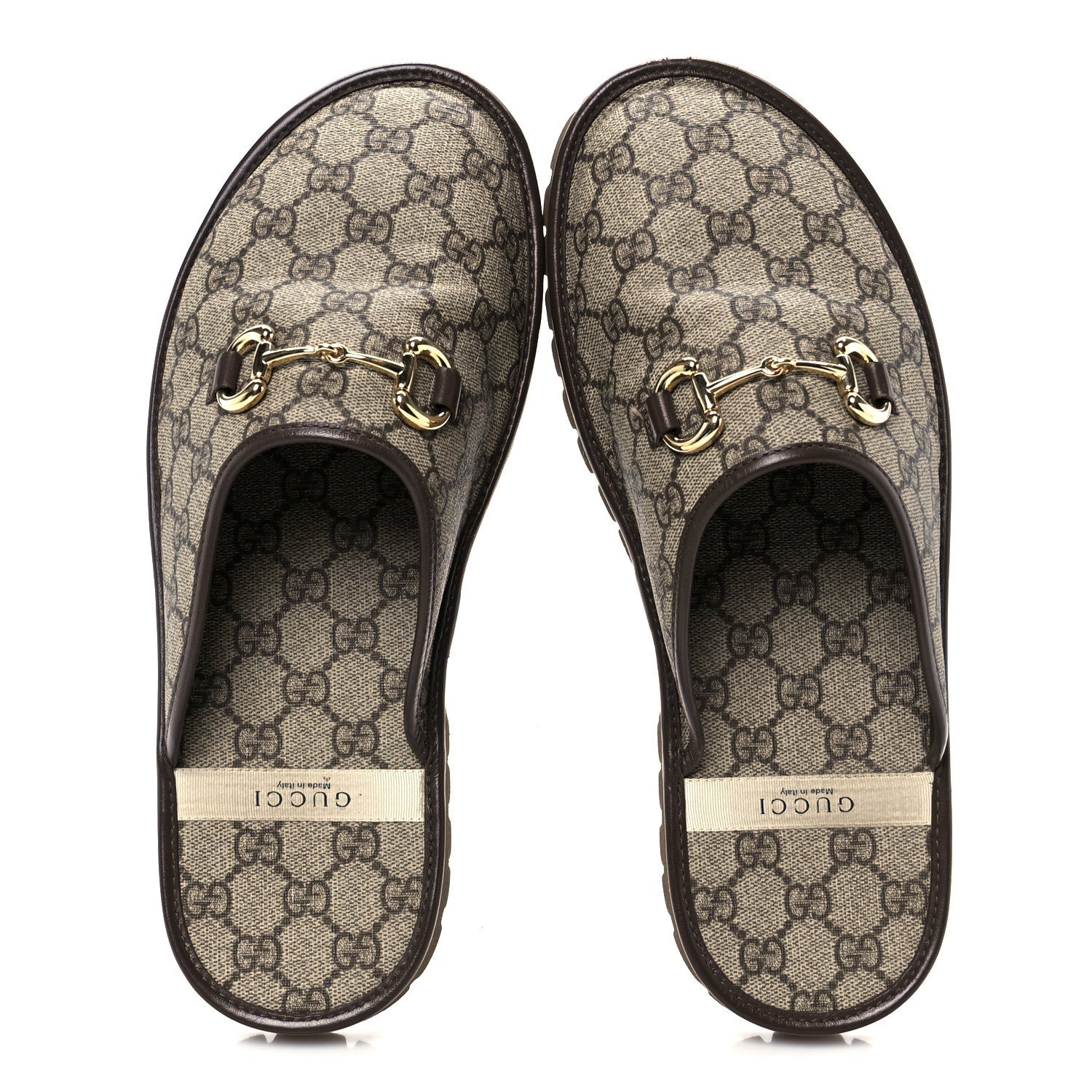 Gucci GG Supreme Monogram Miro Soft Calfskin Men's Horsebit Slippers 10 Beige Ebony New Acero